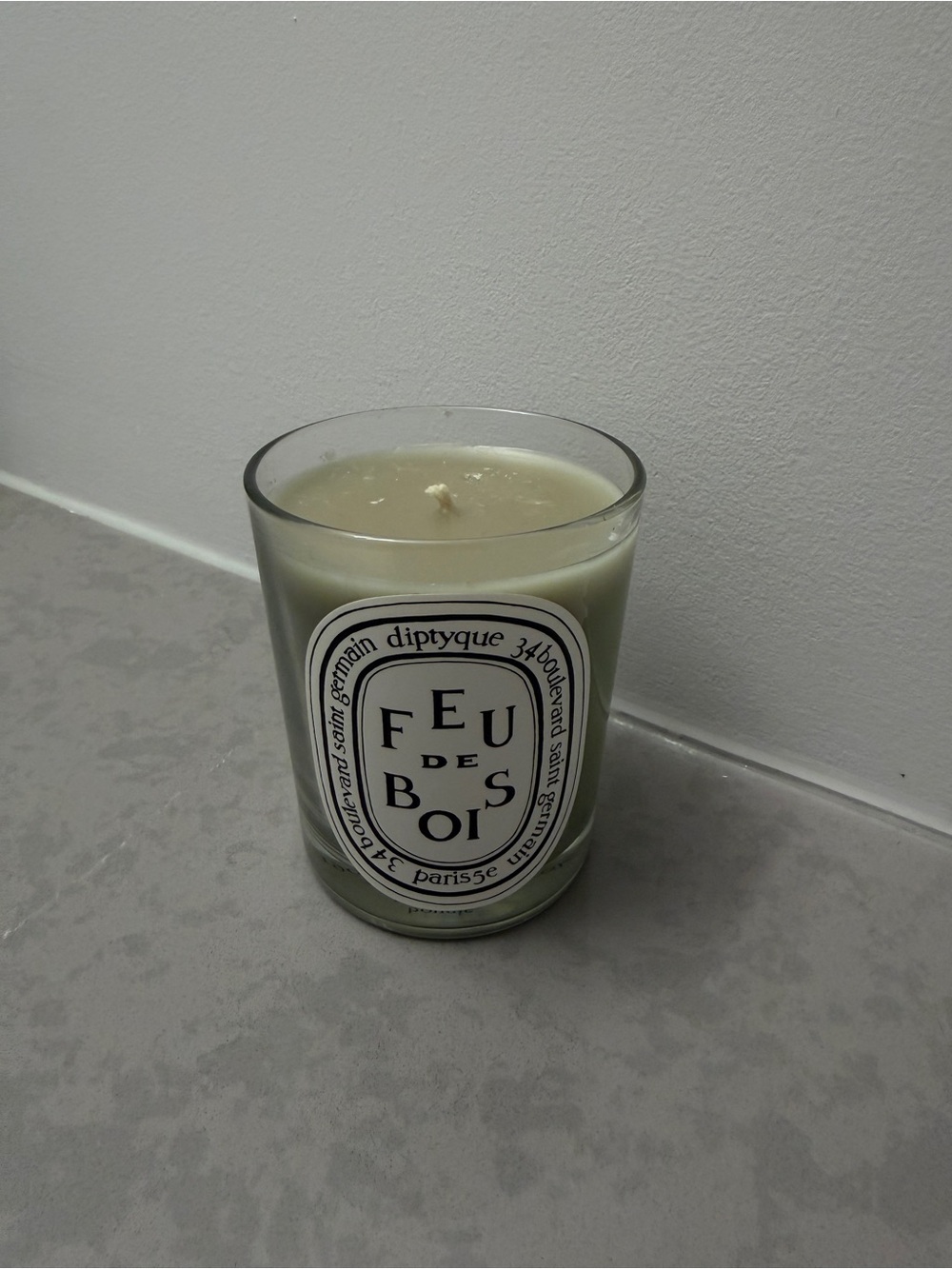 diptyque Feu de Bois Candle in Pale Green Glass